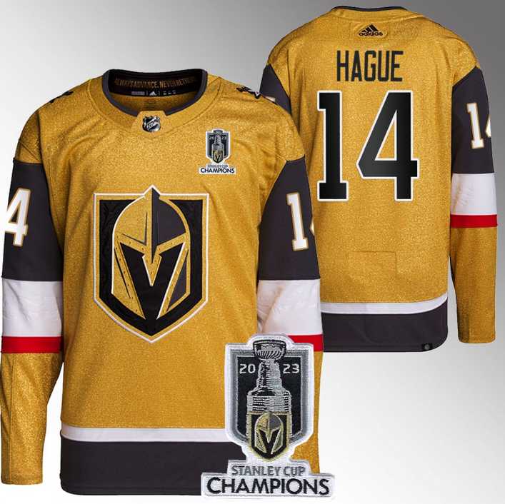 Men%27s Vegas Golden Knights #14 Nicolas Hague Gold 2023 Stanley Cup Champions Stitched Jersey